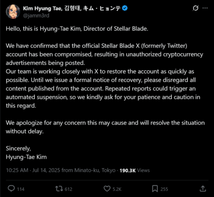 Mensaje de Hyung-Tae Kim sobre el hackeo de la cuenta X de Stellar Blade (Fuente de la imagen: captura de pantalla, cuenta X de Hyung-Tae Kim)
