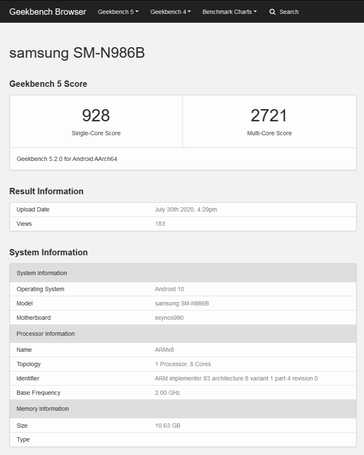 El "SM-N986N" contra el "N986B". (Fuente: Geekbench 5)
