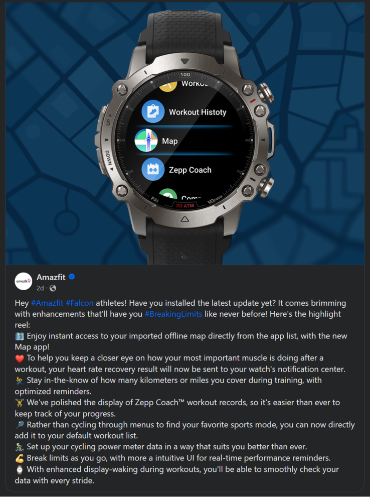 El registro de cambios de la última actualización del reloj inteligente Amazfit Falcon. (Fuente de la imagen: Amazfit)