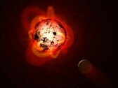 Ilustración que muestra una enana roja y un planeta.