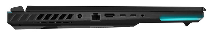 Lado izquierdo: alimentación, Gigabit Ethernet (2,5 Gbit), HDMI, Thunderbolt 4 (USB-C; DisplayPort, G-Sync), USB 3.2 Gen 2 (USB-C; Power Delivery, DisplayPort), puerto combo de audio