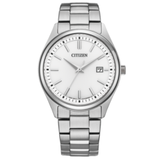 Reloj de vestir Citizen BM1350-54A Eco-Drive con esfera blanco plateada, índices tipo bastón aplicados, agujas Dauphine, ventana de fecha a las 3 en punto y brazalete integrado de acero inoxidable.