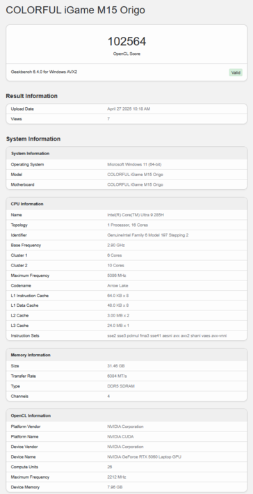Puntuación Geekbench OpenCL del portátil RTX 5060 (fuente de la imagen: Geekbench)