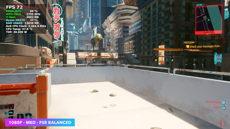 Cyberpunk 2077 se ejecuta a una media estable de 70 FPS en ajustes medios con FSR Equilibrado en la AceMagic Retro X5.