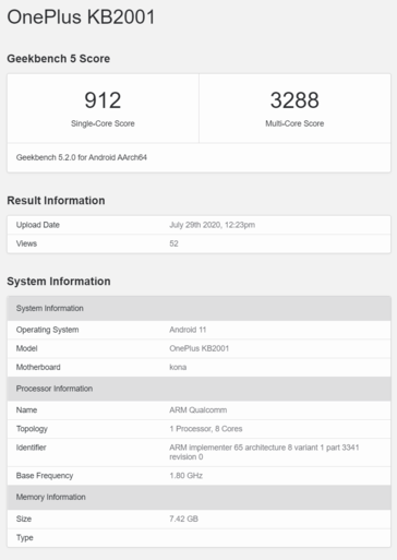 El OnePlus KB2001 en Geekbench. (Fuente de la imagen: Geekbench)