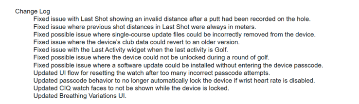 Las notas de la versión 6.58 del software del sistema para los relojes Garmin Approach S44 y S50. (Fuente de la imagen: Garmin)