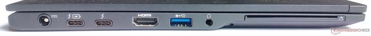 Lado izquierdo: alimentación, 2x Thunderbolt 3, HDMI, 1x USB Tipo-A 3.1 Gen1, 3.5-mm puerto de audio, lector de tarjetas inteligentes