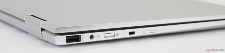 Izquierda: USB 3.1 tipo A, audio combinado de 3,5 mm, botón de encendido, ranura de bloqueo de seguridad Nano, ranura Nano-SIM (opcional)
