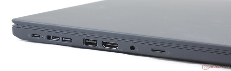 Izquierda: USB Tipo C Gen. 1, USB Tipo C Gen. 2 + Thunderbolt 3, ThinkPad Dock, HDMI 1.4, 3.5 mm combo audio, lector MicroSD