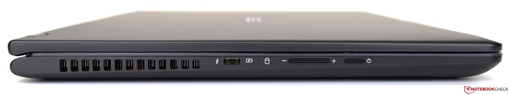 Izquierda: ranuras de ventilación, 1x USB 3.1 Type-C Gen 2, LED de estado, balancín de volumen, interruptor de encendido