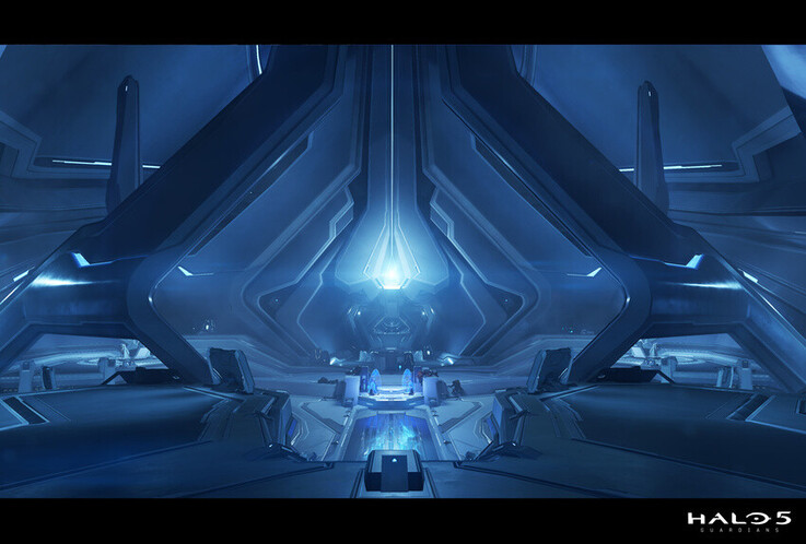 Una vasta cámara interior en Halo 5: Guardians enfatiza la escala a través de altísimas formas Forerunner, superficies reflectantes y una contenida paleta azul-blanca.