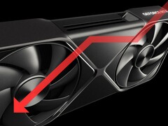 GPU Nvidia RTX 5090 con flecha hacia abajo para indicar la caída de rendimiento.