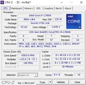 Intel Core i9-12900K. (Fuente de la imagen: CPU-Z Validator)