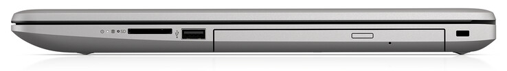 Lado derecho (modelo con ODD): Lector de tarjetas SD, USB 2.0 Tipo A, unidad óptica, cerradura