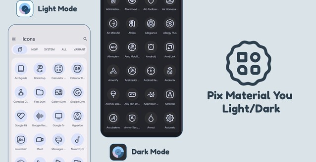 Pix Material You tiene iconos temáticos que admiten colores dinámicos, con iconos incluso para las aplicaciones más oscuras (Fuente de la imagen: PashPuma Design)
