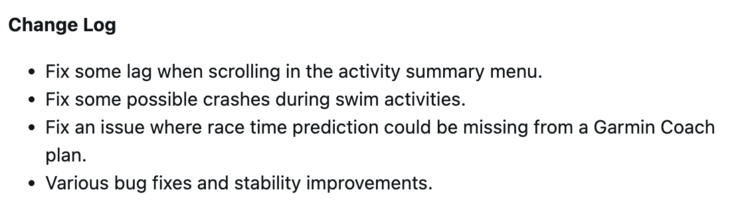 Lista de cambios de la versión 27.09 del software del Garmin Forerunner 255. (Fuente de la imagen: Garmin)