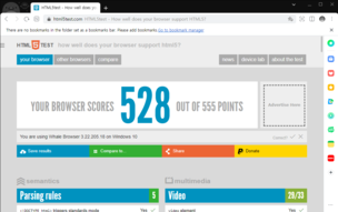 Su navegador obtiene 528 puntos de 555 (Fuente de la imagen: Captura de pantalla de html5test.com)