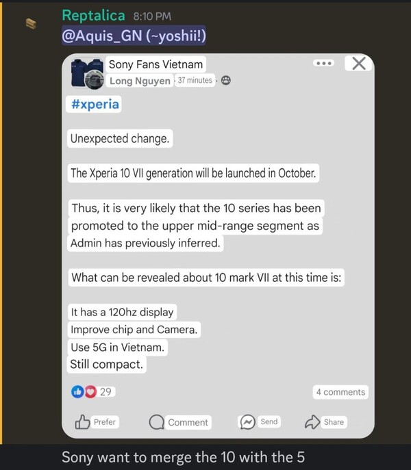 Rumor sobre la fecha de lanzamiento del Sony Xperia 10 VII. (Fuente de la imagen: vía Reddit)
