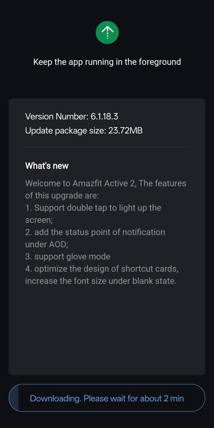 Las notas de la versión 6.1.18.3 del software para el Amazfit Active 2. (Fuente de la imagen: u/cliffr39 vía Reddit)