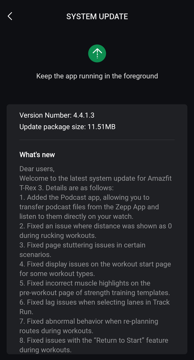 Las notas de la versión 4.4.1.3 del software para el Amazfit T-Rex 3. (Fuente de la imagen: u/Ech0ke vía Reddit)