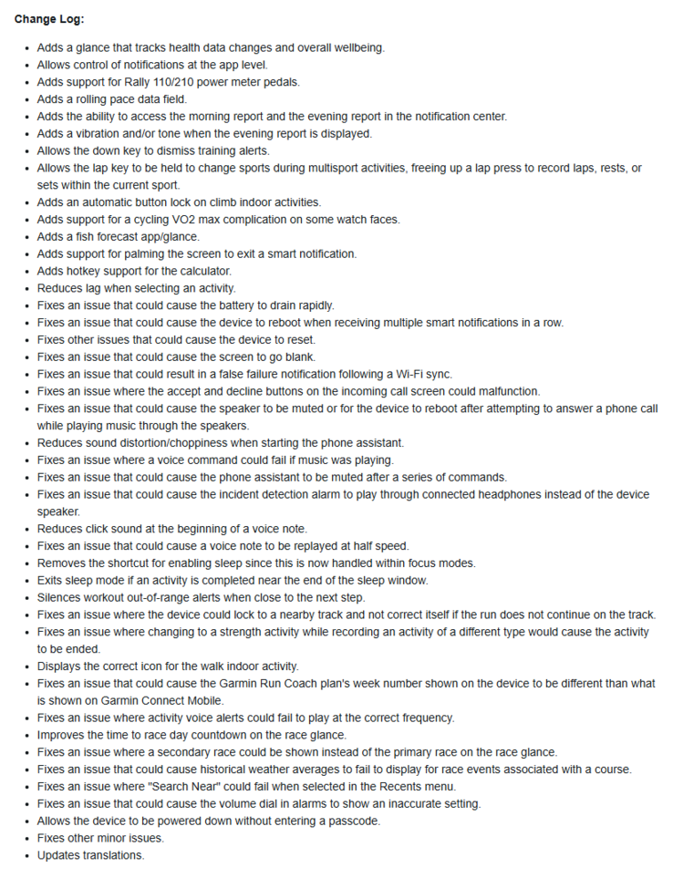 El registro de cambios de la versión de software 15.16 para el reloj inteligente Garmin Forerunner 970. (Fuente de la imagen: Garmin)