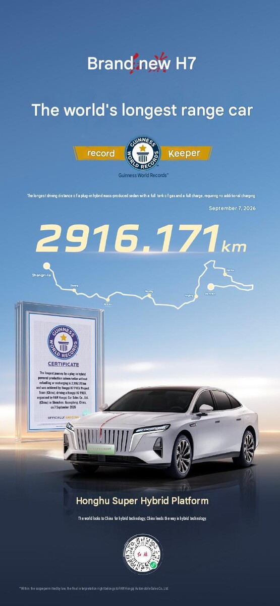 El certificado de Guinness que acredita el récord de la gama Hongqi H7