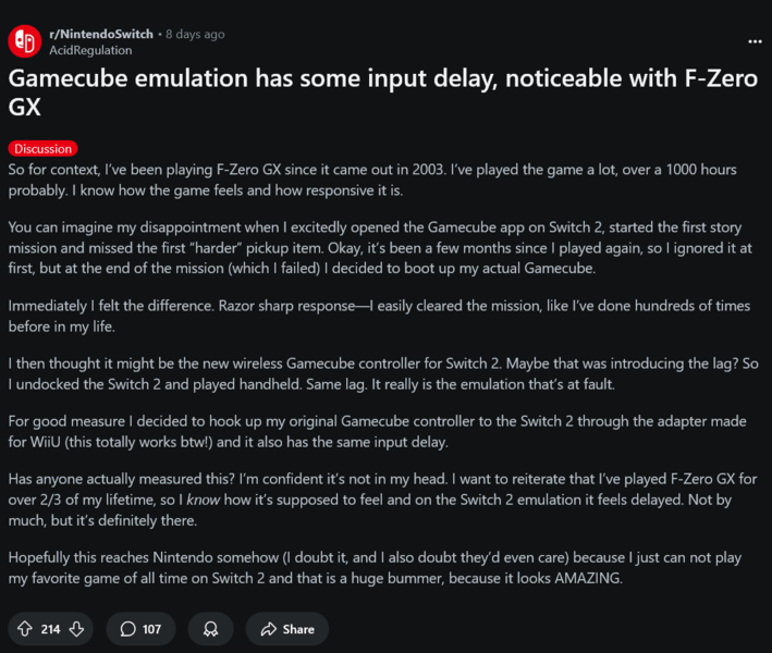Quejas sobre el emulador de GameCube de Switch 2 (Fuente de la imagen: captura de pantalla, subreddit de Nintendo Switch)