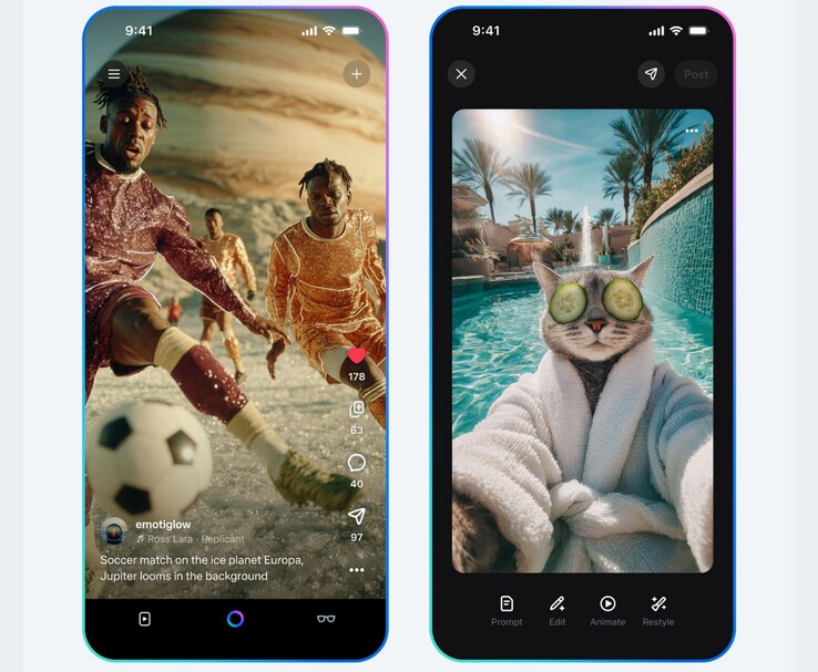 Meta Vibes AI video feed mostrando un partido de fútbol generado por IA en Europa y un selfie de gato en bata de spa junto a una piscina. (Fuente de la imagen: Meta)