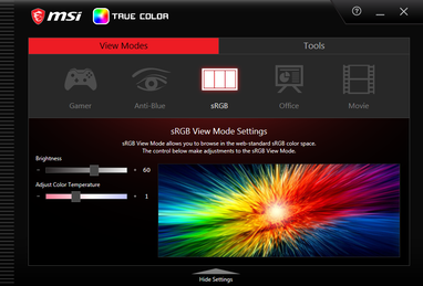 MSI True Color. El ajuste sRGB no es del todo fiable y la pantalla no viene calibrada de fábrica