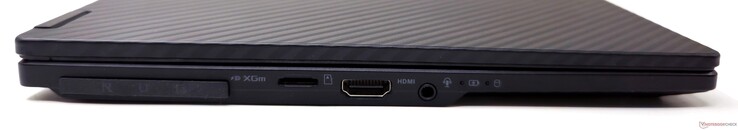 Izquierda: interfaz ROG XG Mobile, lector de tarjetas microSD, salida HDMI 2.1, conector de audio combinado de 3,5 mm