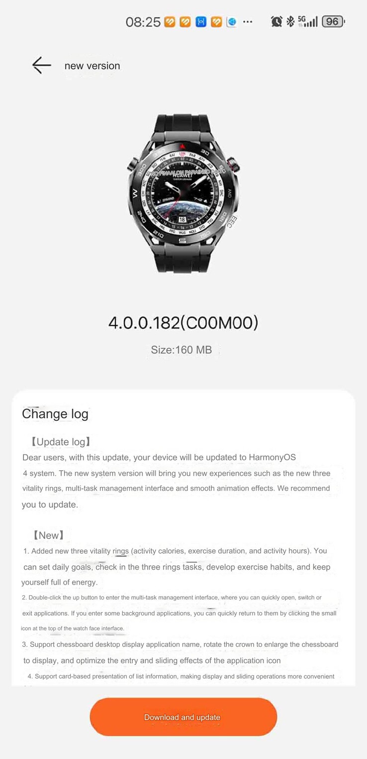 Parte del registro de cambios de la versión 4.0.0.182(C00M00) del software del Huawei Watch Ultimate. (Fuente de la imagen: Huawei Central vía Google Translate)