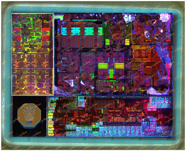 Una imagen del chip completo de un procesador Panther Lake. El diseño combina módulos independientes de cálculo, gráficos y E/S.
