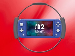 Maqueta de Switch 2 Lite rodeada por el mando Ring Fit