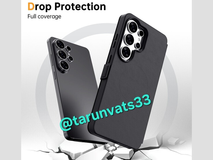 Maqueta que muestra la variante negra del Galaxy S26 Ultra (izquierda) y una funda tipo libro (derecha). (Fuente de la imagen: Tarun Vats en X)