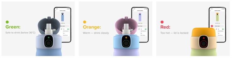 El monitor inteligente de temperatura de la botella de agua myFirst CareSip bloquea el acceso a las bebidas calientes hasta que se enfrían.