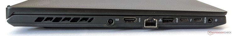 Lado izquierdo: Toma de corriente, salida HDMI 2.0b, puerto Gigabit Ethernet, un puerto USB-A 3.2 Gen 2, un puerto Thunderbolt 4, un puerto USB-C 3.2 Gen 2 (con soporte para DP 1.4 y PD 3.0), toma combinada de auriculares/micrófono de 3,5 mm