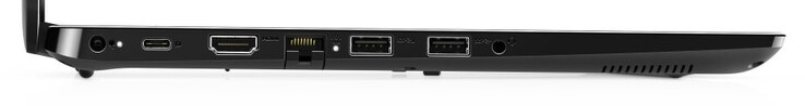 Lado izquierdo: Conector de alimentación, USB 3.2 Gen1 Tipo C, HDMI, Gigabit Ethernet, 2x USB 3.2 Gen 1 Tipo A, 3.5 mm combinan auriculares y toma de micrófono