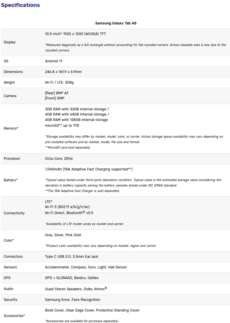Samsung Galaxy Tab A8 specificstions (imagen vía Samsung)