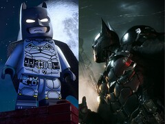 Ilustración promocional de Lego Batman: El legado del Caballero Oscuro junto a la misma de Batman: Arkham Knight