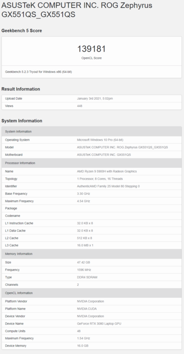 Asus ROG Zephyrus Duo GX551QS con Ryzen 9 5900H y RTX 3080 Mobile en Geekbench. (Fuente: Geekbench)
