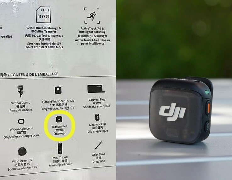 Supuesta caja de venta del DJI Osmo Pocket 4 (izquierda). DJI Mic 3 (derecha).