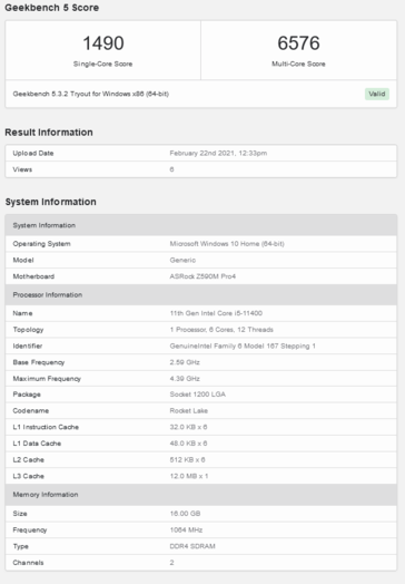 Ejecución de Geekbench del Intel Core i5-11400 (imagen vía Geekbench)