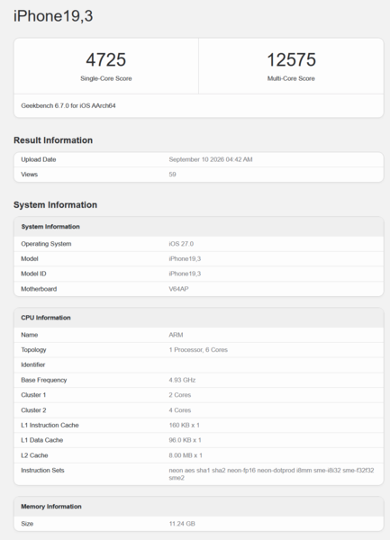 CPU Apple A20 Pro en Geekbench 6.7