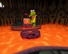 Croc Legend of the Gobbos captura de pantalla que muestra a Croc saltando sobre la lava