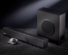 El sistema de altavoces de sobremesa cuesta alrededor de 548 dólares en China. En la imagen: una fotografía promocional en la que se muestran la barra de sonido, el altavoz de graves y el mando a distancia.