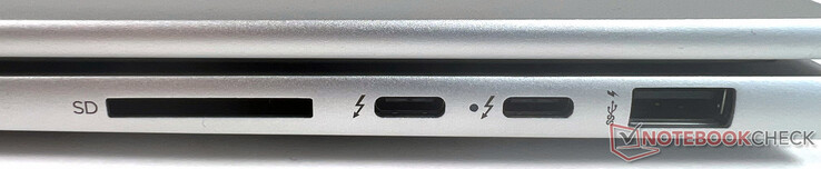 Derecha: 1x USB SuperSpeed Tipo-A de 10 Gbit/s, 2x Thunderbolt 4 con USB 4 Tipo-C de 40 Gbit/s de velocidad de transferencia (fuente de alimentación USB, DisplayPort 1.4, HP Sleep and Charge), 1x lector de tarjetas SD