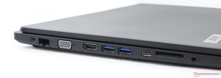 Izquierda: Adaptador de CA, Gigabit RJ-45, salida VGA, HDMI, 2x USB-A 3.1 Gen. 1, USB-C 3.1 Gen. 1, lector SD, audio combo de 3.5 mm.