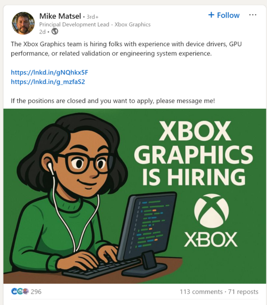 Anuncio de empleo en LinkedIn de Mike Matsel para un puesto en Xbox Graphics (Fuente de la imagen: cuenta de LinkedIn de Mike Matsel)