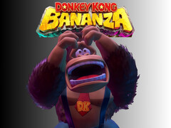 Un Donkey Kong agraviado fotografiado bajo el logotipo de Donkey Kong Bananza (Fuente de la imagen: Nintendo of America con modificaciones)