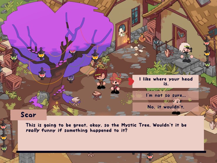 La jugabilidad consiste principalmente en explorar la isla como Grian, hablar con los personajes y buscar secretos. (En la imagen: una captura de pantalla de Heartfall: A Tale in Three Lives.)